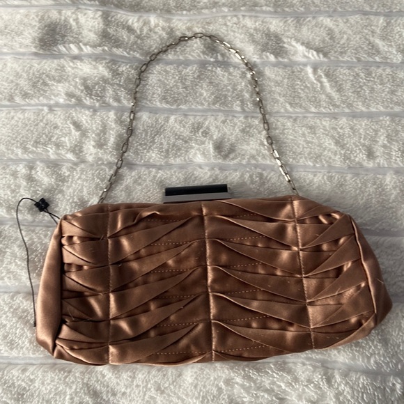 New BCBGMaxAzria Ruffle Satin Copper Clutch with Chain - Picture 2 of 5